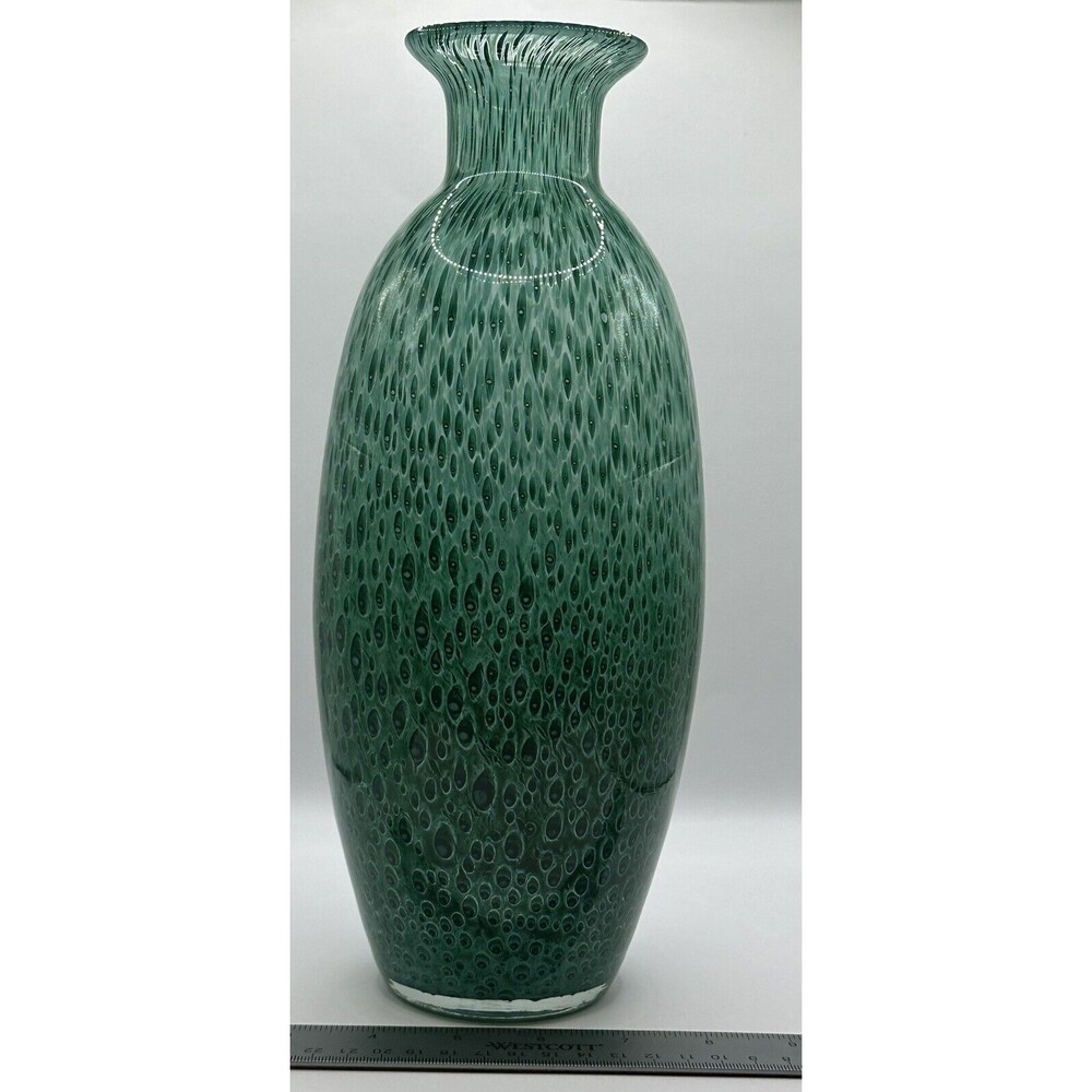 Hand Blown Studio Art Glass Vase Peacock Vase Green Blue Vase - Picture 2 of 7